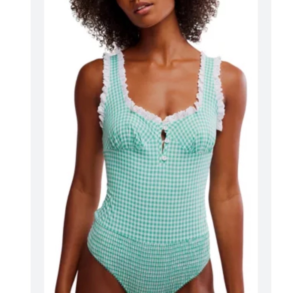 Free People Intimately Cassie Bodysuit Green Gingham Eyelet Lace Smocked XL